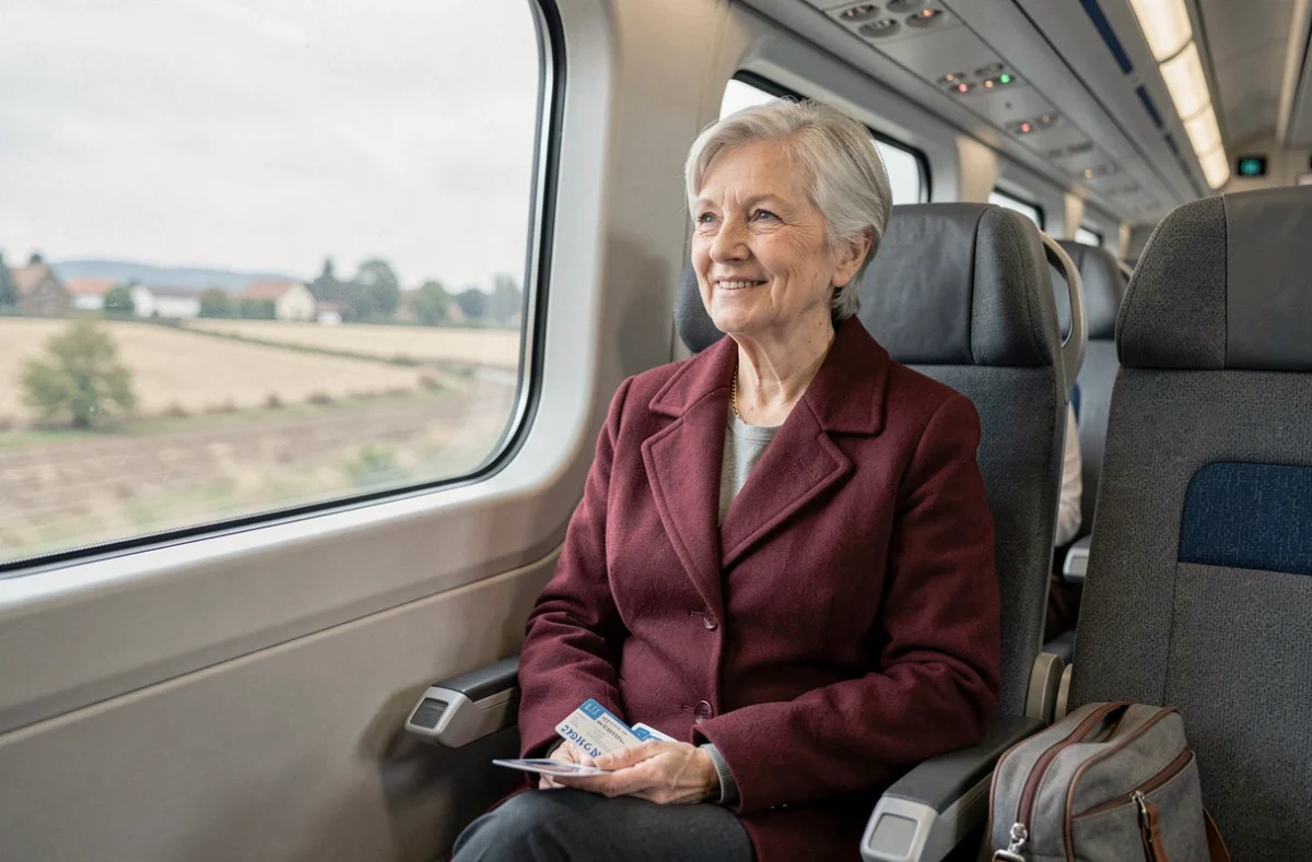 Retraitée SNCF voyageant en TGV grâce à son pass Carmillon avec réductions