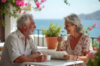 Couple de retraités profitant d'une terrasse de café dans une ville côtière méditerranéenne ensoleillée