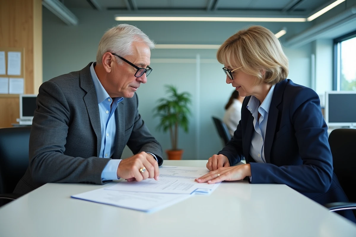 Deux agents discutant d'une erreur de date de retraite affichée sur Scolinfo dans un bureau administratif