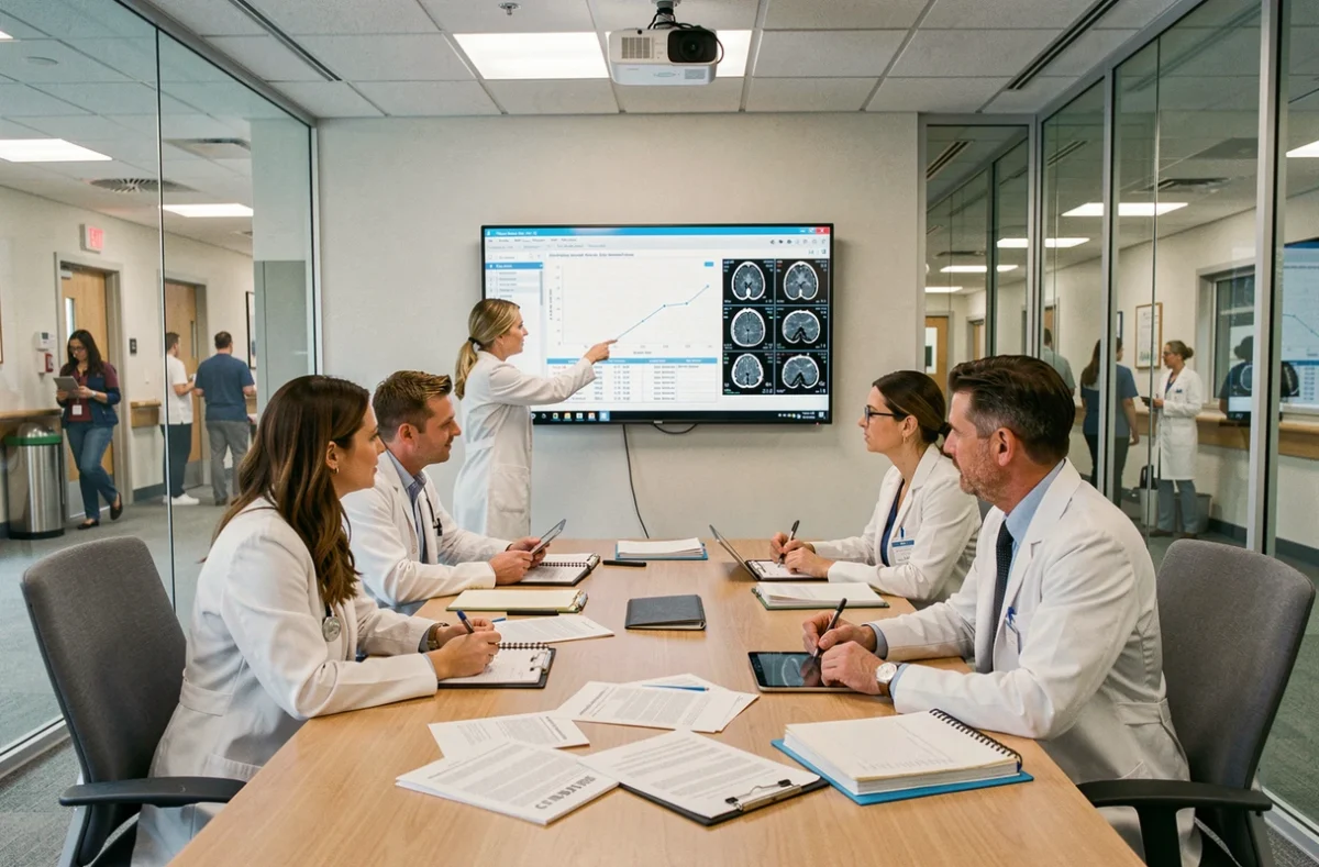 Réunion de concertation pluridisciplinaire en oncogériatrie, équipe médicale analysant les scores ADL pour orienter les traitements lourds