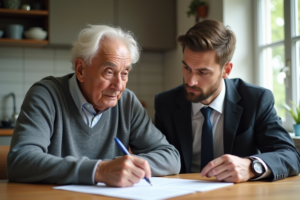 Homme âgé et travailleur social discutant à la cuisine