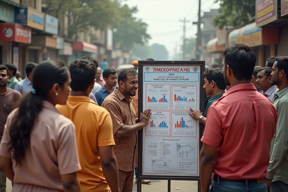 Scène de rue en Inde avec public attentif devant un panneau d annonces