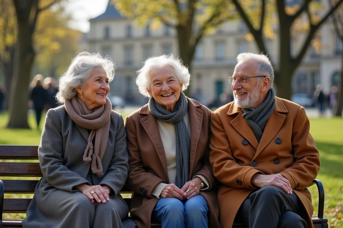 Groupe de seniors discutant dans un parc parisien au printemps