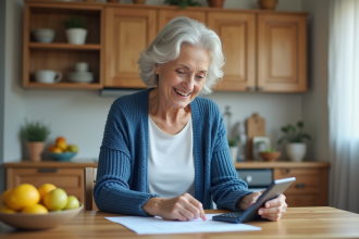 Femme senior souriante dans sa cuisine avec calculatrice