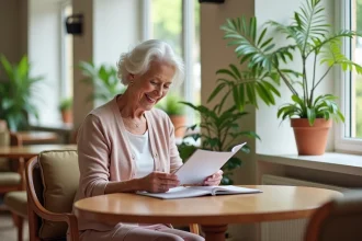 Femme senior souriante lisant une brochure dans une résidence moderne