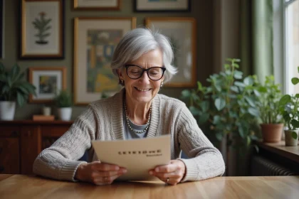 Femme senior lisant une brochure dans un intérieur parisien