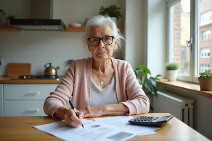 Femme senior lisant des papiers avec calculatrice dans un appartement