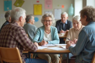 Femme retraitée souriante en groupe de seniors actifs