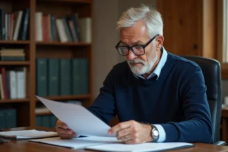 Homme senior de 63 ans consultant des documents officiels liés à la recherche d'emploi et aux obligations de formation après 62 ans