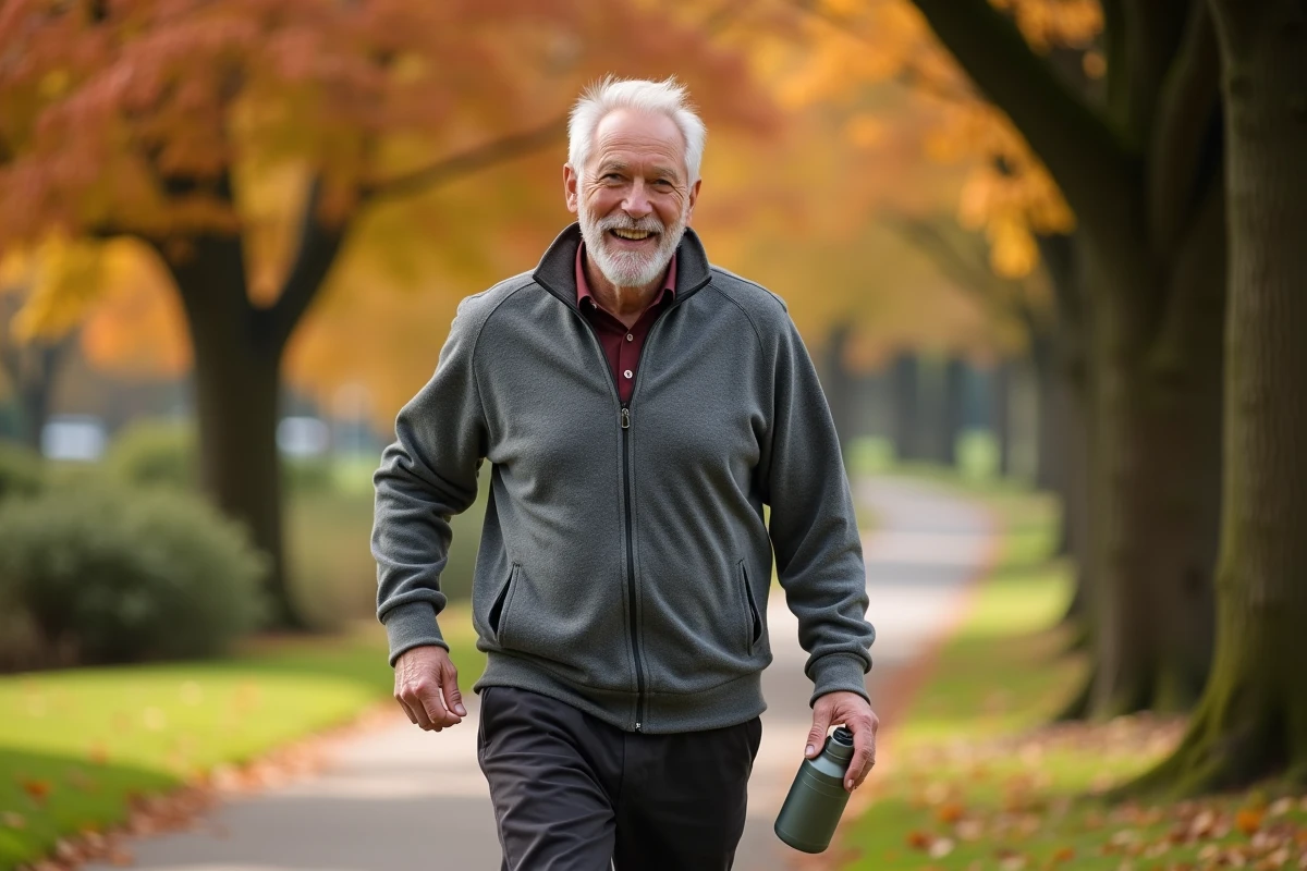 Homme senior marchant activement dans un parc en automne, illustrant l'importance de l'activité physique pour la santé des seniors