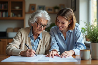 Femme âgée relisant des papiers avec une jeune femme dans un intérieur chaleureux