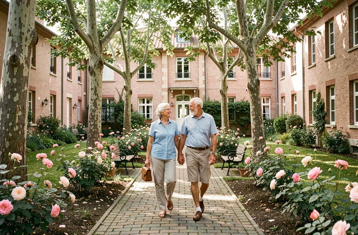 Jardin paysager de la résidence Les Senioriales de Toulouse avec deux résidents se promenant parmi les roses
