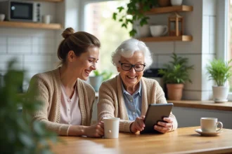 Seniors souriants utilisant une tablette dans la cuisine