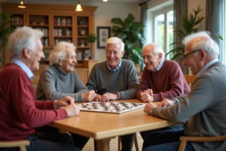 Groupe de seniors jouant à un jeu de société dans un centre communautaire