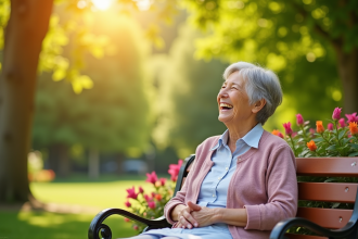 Femme âgée souriante assise dans un parc ensoleillé