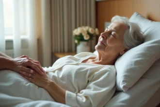 Personne âgée en fin de vie allongée dans un lit de soins palliatifs, main tenue par un proche dans une chambre apaisée