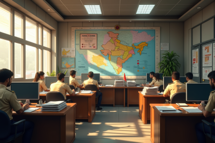 Station de police indienne animée en journée avec cartes et agents