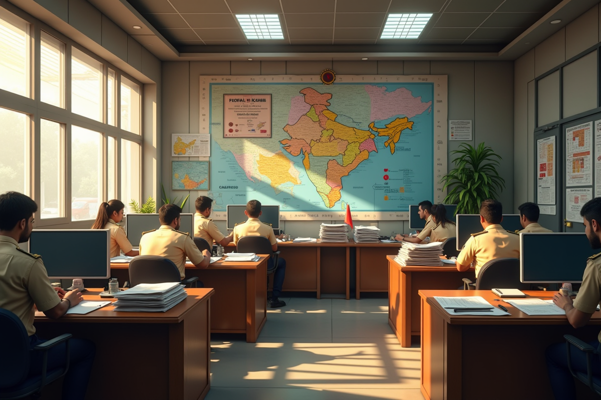 Station de police indienne animée en journée avec cartes et agents