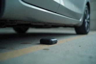 Traceur GPS dissimulé sous un véhicule dans un parking, illustrant la géolocalisation discrète d'une voiture en France