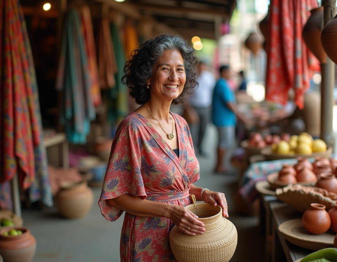 Femme de 55 ans explorant seule un marché artisanal coloré en Asie du Sud-Est lors de vacances solo