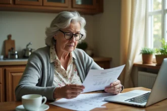 Veuve âgée consultant ses documents de retraite Agirc-Arrco à domicile