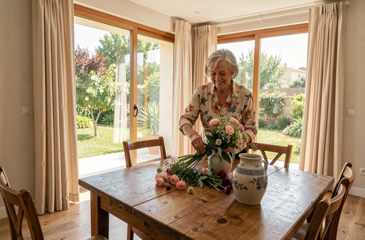 Appartement lumineux des Villages d'Or à Béziers avec une résidente arrangeant des fleurs devant une fenêtre avec vue sur jardin