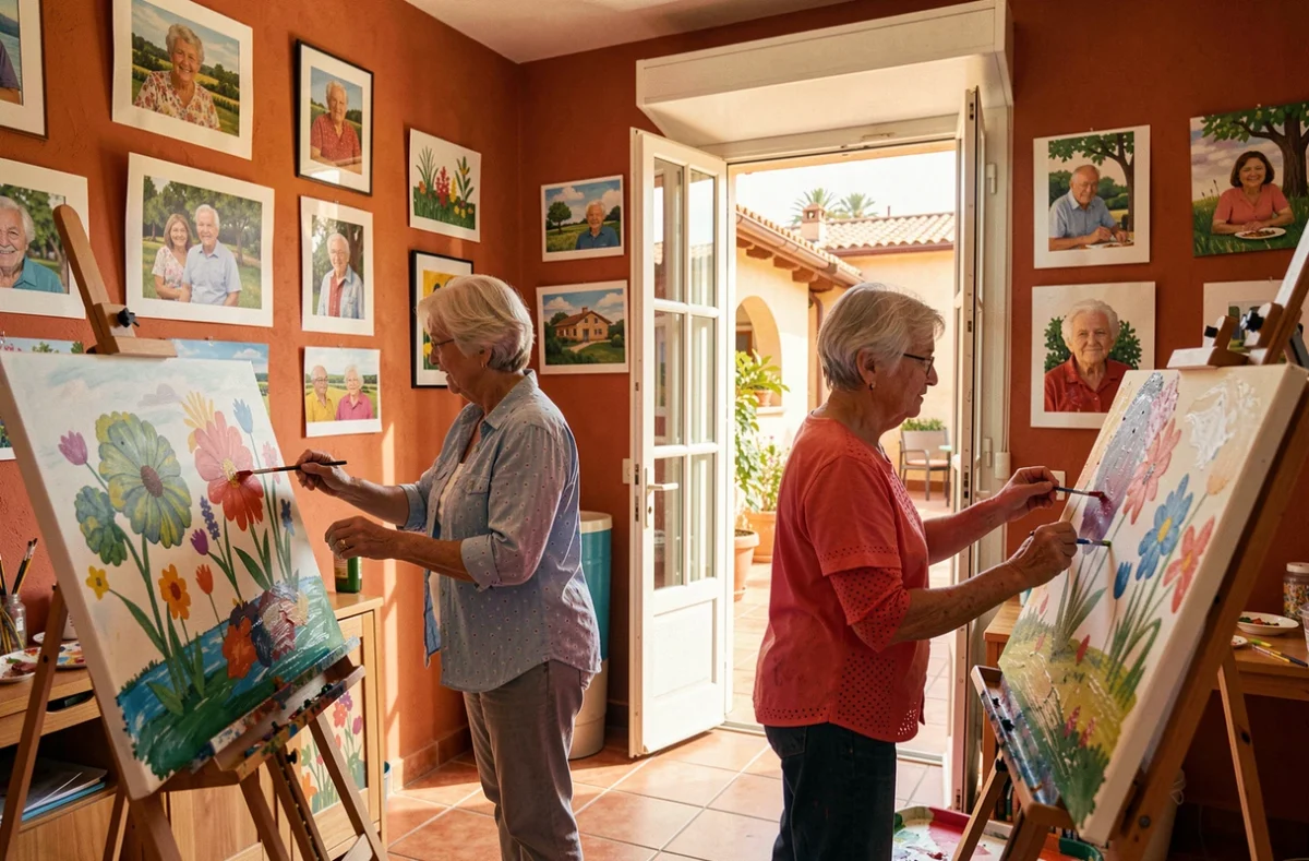 Atelier peinture des Villages d'Or à Perpignan avec deux résidentes créant des œuvres dans une salle décorée d'art catalan