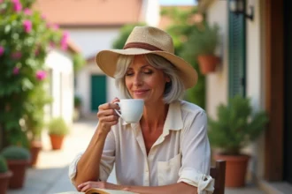 Femme de 50 ans en voyage solo savourant un café en terrasse dans un village méditerranéen ensoleillé